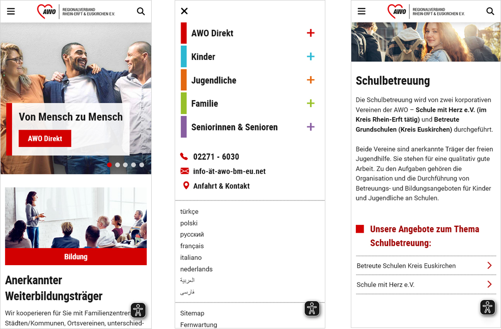 Screenshots einiger Seiten in der Handy-Ansicht