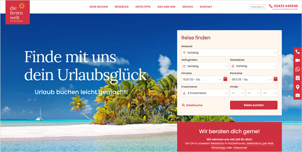 Desktop-Ansicht der Reisportal-Startseite