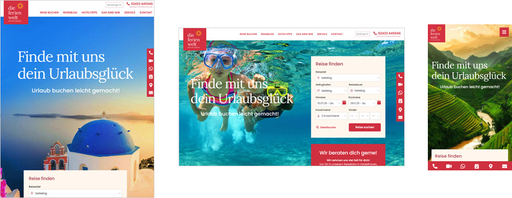 Webdesign für Tablet- und Handy-Ansichten der Reisebüro-Startseite