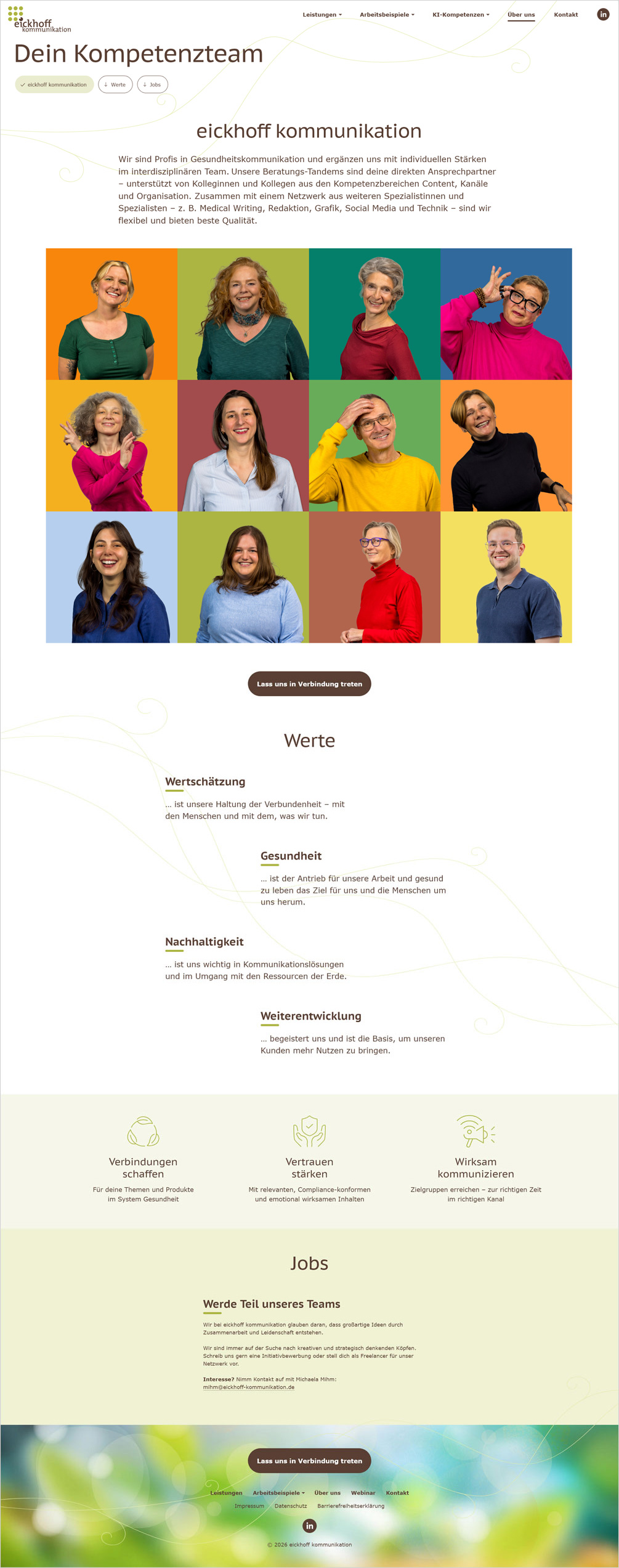 Webdesign der Team-Seite mit Darstellung der Werte und Jobangebote