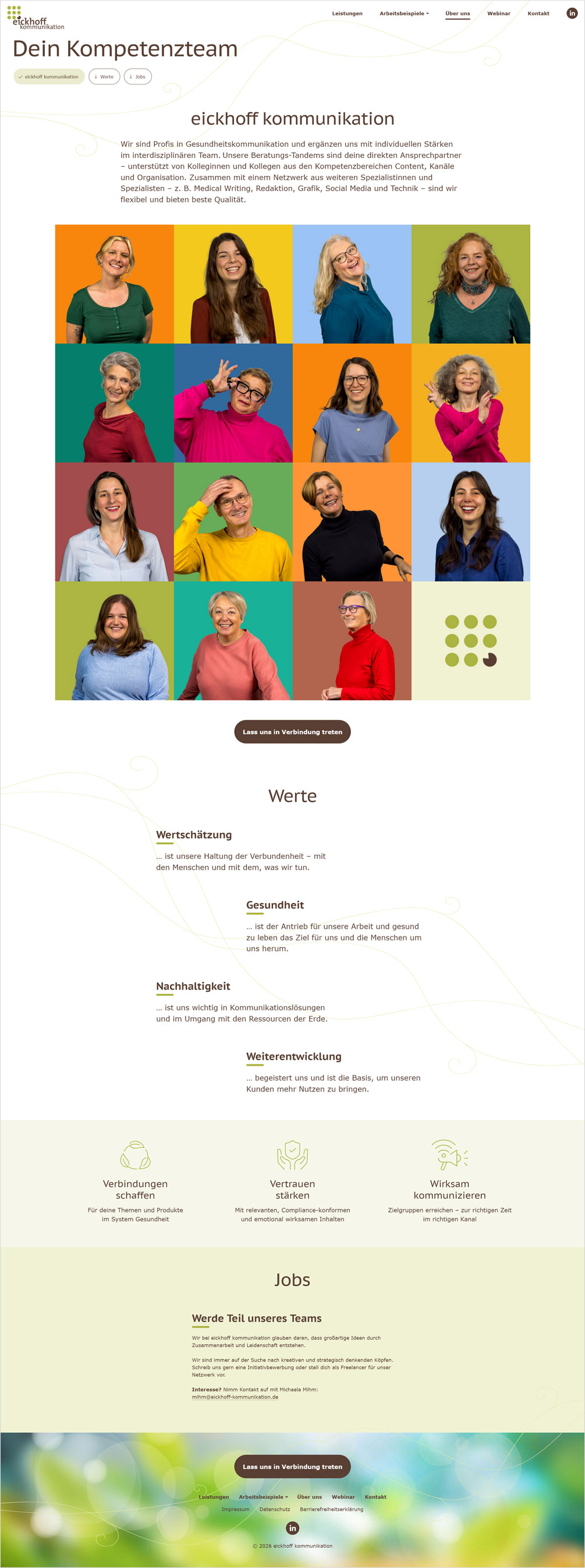 Webdesign der Team-Seite mit Darstellung der Werte und Jobangebote