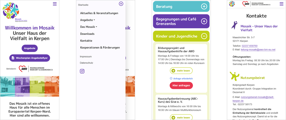 Screenshots vom für mobile Endgeräte optimierte Webdesign